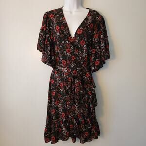Max Studio Wrap Dress Women's L Black Red Floral Flutter Sleeve Cottagecore Boho